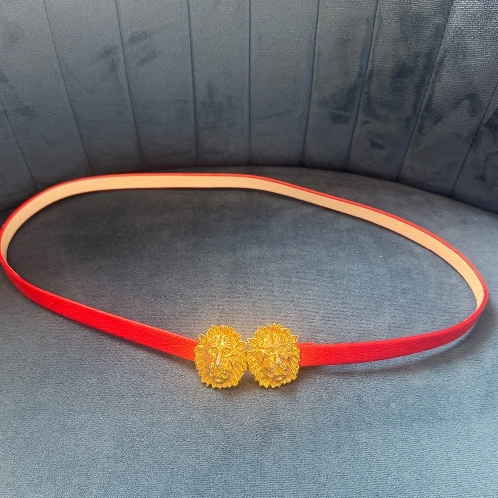 Vintage 1981 Jeanne Bouchever Red Belt Gold Lion Buckle 29”
